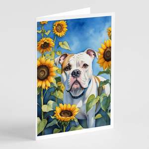 Whimsical American Bulldog in Sunflowers A7 Size 5x7 Blank <b>Note</b> <b>Cards</b> Pack of 8 with Envelopes for <b>Greetings</b> - Product Image 1