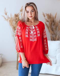 Blusa Casual de Manga Corta con Cuello en V y Bordado Rojo para Mujer, Corte Regular, 100% Popelina de Algodón para Primavera/Verano - Product Image 2