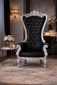 Luxury Royal Throne <b>Chair</b> | Hand-Carved Wooden High Back <b>Chair</b> with Black Leather Upholstery & <b>Silver</b> Deco Finish | King & Queen - Product Image 2