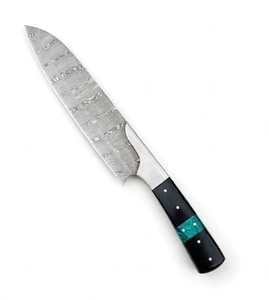 Couteau de cuisine fixe artisanal en acier Damas, outil de découpe utilitaire pour chef, manche en résine turquoise G10 noir - Product Image 4