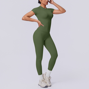Conjunto de Yoga de 2 Piezas, Sin Tirantes, Cintura Alta, Largo Completo, Sin Costuras, Transpirable, Elástico en 4 Direcciones, Estampado Deportivo, Verde Sólido - Product Image 2