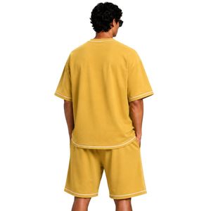 Mustard Yellow Mens Oversized T Shirt And Shorts <b>Set</b> White Contrast Piping Custom Logo Crew Neck Casual Streetwear Wholesale - Product Image 2