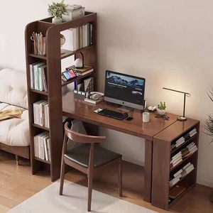 Wood Computer Desktop Retractable <b>Desk</b> with Integrated Bookshelf Storage for Home Office Furniture Set - Product Image 5