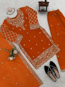 TENNECY Orange Color Faux Georgette Fabric Sequence Work Women's Party Style All Seasons Palazzo <strong>Suit</strong> - Product Image 6