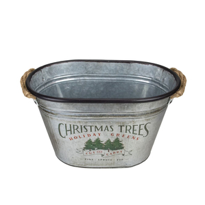 Seau en métal galvanisé en forme de bateau pour arbres de Noël, design vintage, poignées en corde, décoration de verdure festive - Product Image 1