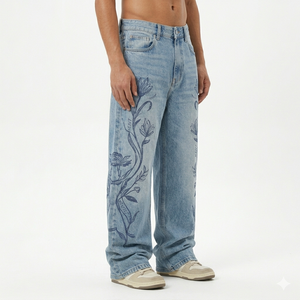 Custom Hot Selling 14oz Stone Washed Denim <b>Jeans</b> Men Streetwear Straight Fit 100% Cotton Solid Color Fade Proof Washable Spring - Product Image 6