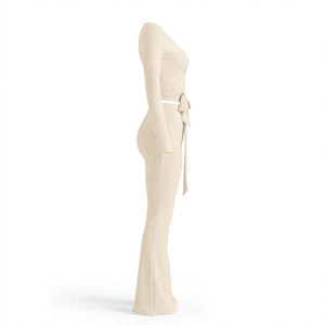Combinaison de yoga pour femme, couleur personnalisable, à col licou et manches longues, taille mi-haute, jambe évasée, ceinture à nouer, extensible, séchage rapide, longueur intégrale, 2 pièces - Product Image 4