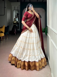 <b>Women</b> White And Maroon Silk <b>Lehenga</b> Choli With Gold Border For Traditional Indian Pakistani Wedding Wear - Product Image 2