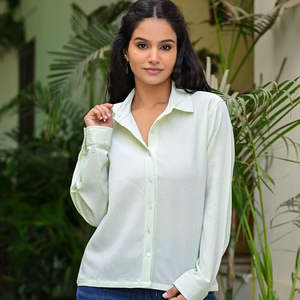 Camisa de Lino Viscosa Verde Menta para Mujer, Cuello con Botones, Manga Larga, Estilo Casual para Oficina - Product Image 1