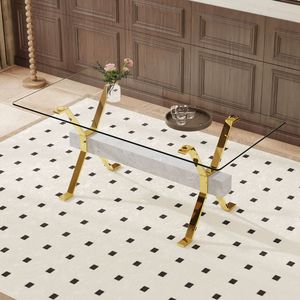 Modern Gold Plated Metal Legs Large Gray MDF Crossbars Tempered Glass <b>Dining</b> <b>Table</b> with Office <b>Desk</b> Features - Product Image 1