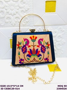 Handmade Embroidered Peacock Design <b>Clutch</b> Bag with Metal Handle | Designer Ethnic <b>Wedding</b> Party Handbag for Women - Product Image 2