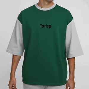 Camiseta informal de algodón con bloques de color y manga raglán oversize para hombre, verde y gris - Product Image 4
