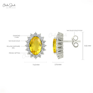 Pendientes Delicados de Oro Sólido de 14K Hechos a Mano con Zafiro Amarillo Natural de 1.16CTW y Halo de Diamantes a Precio de Fábrica - Product Image 2
