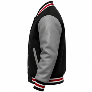 Custom Wholesale OEM Varsity <b>Jacket</b> Black Wool Body Grey <b>Leather</b> Sleeves <b>Red</b> White Snap Button Letterman <b>Jacket</b> PU Material - Product Image 3