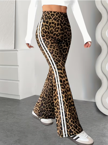 Women <b>High</b> Waist <b>Leopard</b> <b>Print</b> Flare Pants Loose Fit Full Length Knitted Casual Elastic Waist Side Stripe Autumn Pants Women - Product Image 5