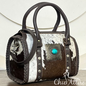 Sac fourre-tout en cuir véritable de vache avec poils, modèle Speedy moyen, style western, sac à main en cuir véritable pour femme, sac de voyage - Product Image 1