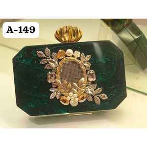 <b>Green</b> Resin Floral <b>Clutch</b> <b>Bag</b> With Pearl And Crystal Decoration A-149 Evening Party Sparkling Flap Closure - Product Image 1