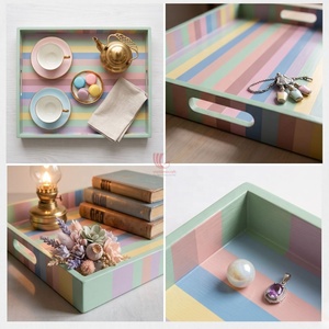 Plateau de service rayé avec poignée, couleurs pastel, design rectangulaire en bois pour usage domestique, Viettimecraft Wholesale - Product Image 2