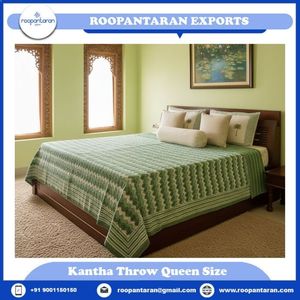 Hand Block Printed Cotton Kantha Sanganer Queen Size Quilt <b>Large</b> Width Handmade Indian <b>Throws</b> Bohemian Bedroom Home Decor - Product Image 2