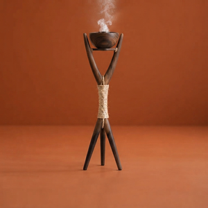 Arabic Wooden <b>Bakhoor</b> Burner With Tripod Stand And Rope Accent Holding A Smoking <b>Oud</b> Cup Round Shape Incense Burner For Home - Product Image 1