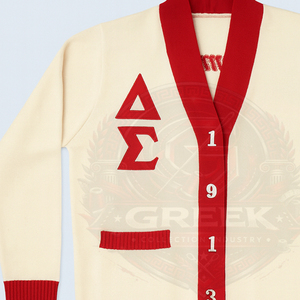 custom |Delta| sorority DST ivory and Red Varsity <b>Cardigan</b> Sweater for Men and Women Custom Letter Embroidery Knit Button up - Product Image 2