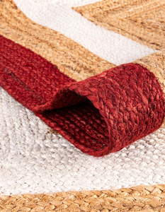 Tapis rond en jute rouge et blanc fait main, tressé, style farmhouse bohème, en fibres naturelles, pour salon - Product Image 4
