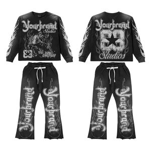 Conjunto de 2 Piezas de Sudadera con Capucha y Pantalones Deportivos Vintage Lavados al Ácido, Diseño con Pedrería, Ropa Urbana para Hombre - Product Image 1