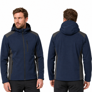 Wholesale Navy Blue Grey Contrast <b>Men</b> Softshell <b>Jacket</b> Hooded Two Tone Design Waterproof Outdoor Windbreaker Zipper Chest Pocket - Product Image 1