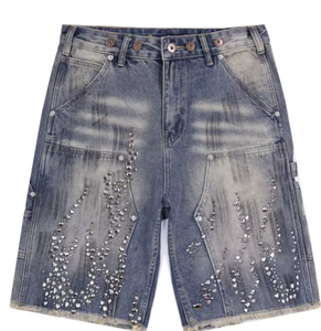 Pantalones Cortos de Mezclilla Fire Diamond, Pantalones Cortos con Gráficos de Diamantes de Imitación Vintage, Ropa Urbana para Hombre, Pantalones Cortos de Hip Hop Harajuku - Product Image 1