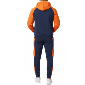 Ensemble de survêtement homme bleu marine et orange - Sweat à capuche raglan et pantalon color block - Vêtements de sport avec empiècements latéraux contrastants - Product Image 2