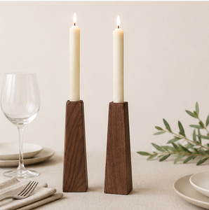 Handmade Minimalist Walnut Wood <b>Candle</b> Holder Set Of 2 Geometric <b>Taper</b> Candlestick Stands For Modern Home Decor And Wedding Use - Product Image 2