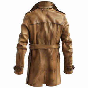 Manteau long en cuir véritable pour homme, double boutonnage, col rabattu, manches classiques, couleur unie, en cuir de vachette - Product Image 2