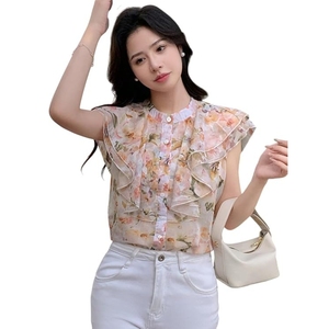 Chemise pour femme en mousseline de soie de qualité supérieure, imprimée sur toute la surface, sans manches, pour un usage décontracté et professionnel - Product Image 1