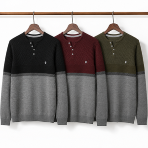 Men's Henley Neck Button Color <b>Block</b> Long Sleeve Casual Viscose <b>Acrylic</b> Blend Sweater | OEM ODM Manufacturer Bangladesh - Product Image 6