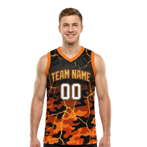 Maillot de basket imprimé camouflage craquelé pour homme, col en V, sans manches, et short ajusté uni avec nom d'équipe et numéros de joueur - Product Image 3
