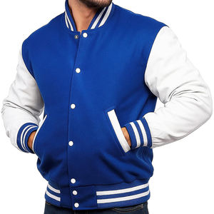 Veste universitaire bleue et blanche pour homme, col rabattu, fermeture boutonnée, style preppy, coupe classique, vêtement d'automne, couleur unie - Product Image 5
