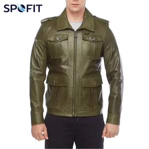 SPOFIT Men's Olive Green Leather Jacket Zipper Closure Turn-down Collar Workwear Style Regular Fit - Product Image 1