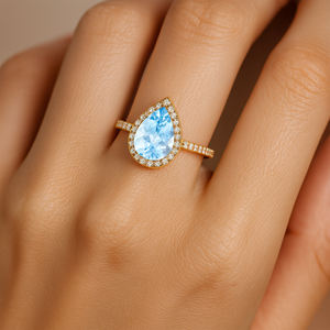 Bague en or massif 14 carats avec pierre précieuse aquamarine taille poire, 100% pure, sertie de diamants halo certifiés IGI, cadeau pour elle - Product Image 2