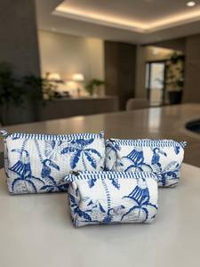 Ensemble de trousses de maquillage en coton à poignée souple, 3 pièces, rayées bleues, matelassées, avec fermeture éclair, pour femmes, idéal pour les voyages et comme coffret cadeau. - Product Image 4