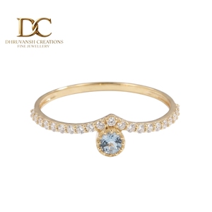 Bague ethnique en or jaune massif 14 carats avec diamant de laboratoire et aquamarine, design élégant, bijoux fins pour femmes, mariage, fiançailles - Product Image 1