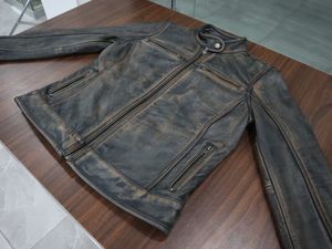 Veste de moto en cuir véritable respirante pour homme, col montant, fermeture éclair, rayures rouges unies, style moto et motard, toutes saisons - Product Image 5