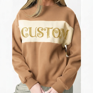Sweat-shirt personnalisé pour femme avec imprimé pailleté, col montant, manches longues, color-block, en coton et fibre de bambou tricoté, pour l'automne, style décontracté - Product Image 1