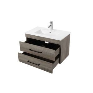 Mobile Bagno Moderno da 32 Pollici Grigio Effetto Legno Sospeso con Doppio Cassetto, Sistema Soft-Close e Lavabo in Ceramica Bianca - Product Image 4