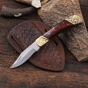 Couteau utilitaire pliant en acier inoxydable avec manche en bois Pakka, étui en cuir Pancake, couteau de poche EDC OEM pour la chasse et le camping - Product Image 1