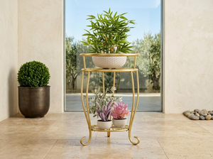 Support à plantes en fer forgé robuste à 2 niveaux, support de pot de fleurs haut pour intérieur et extérieur, résistant à la rouille, étagère d'angle en métal pour plantes - Product Image 4