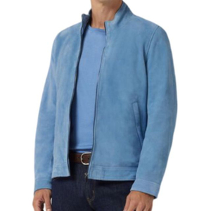 <b>Men's</b> Blue Suede Zip Up Jacket Stand Collar Casual <b>Leather</b> <b>Coat</b> - Product Image 6