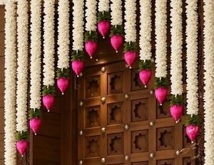 Guirlande de fleurs artificielles en plastique blanc Gajra Mogra Jasmin, bourgeons de lotus roses, Toran, décoration de porte, mariage indien traditionnel, Diwali - Product Image 1