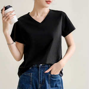 Camiseta de Verano Lisa con Cuello en V para Mujer, 92.5% Algodón, 7.5% Elastano, Corte Ajustado, Ecológica y Transpirable, Venta al Por Mayor - Product Image 4