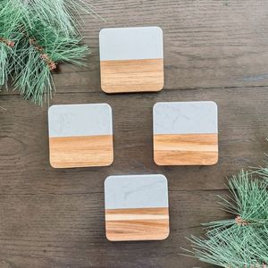 Marble Top Wood <b>Coaster</b> <b>Set</b> Modern Beverage Holders For Restaurant Hotel Cafe Dining And Home Entertaining Accessories - Product Image 6