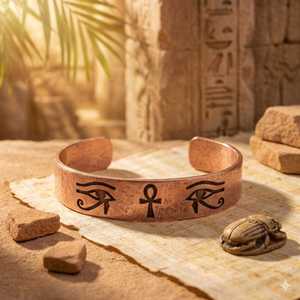 Brazalete de cobre martillado a mano con el símbolo del Ankh y el Ojo de Horus, talismán egipcio antiguo. - Product Image 4